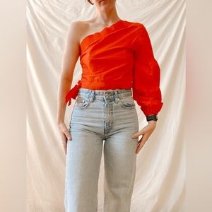 Red one shoulder puff sleeve top